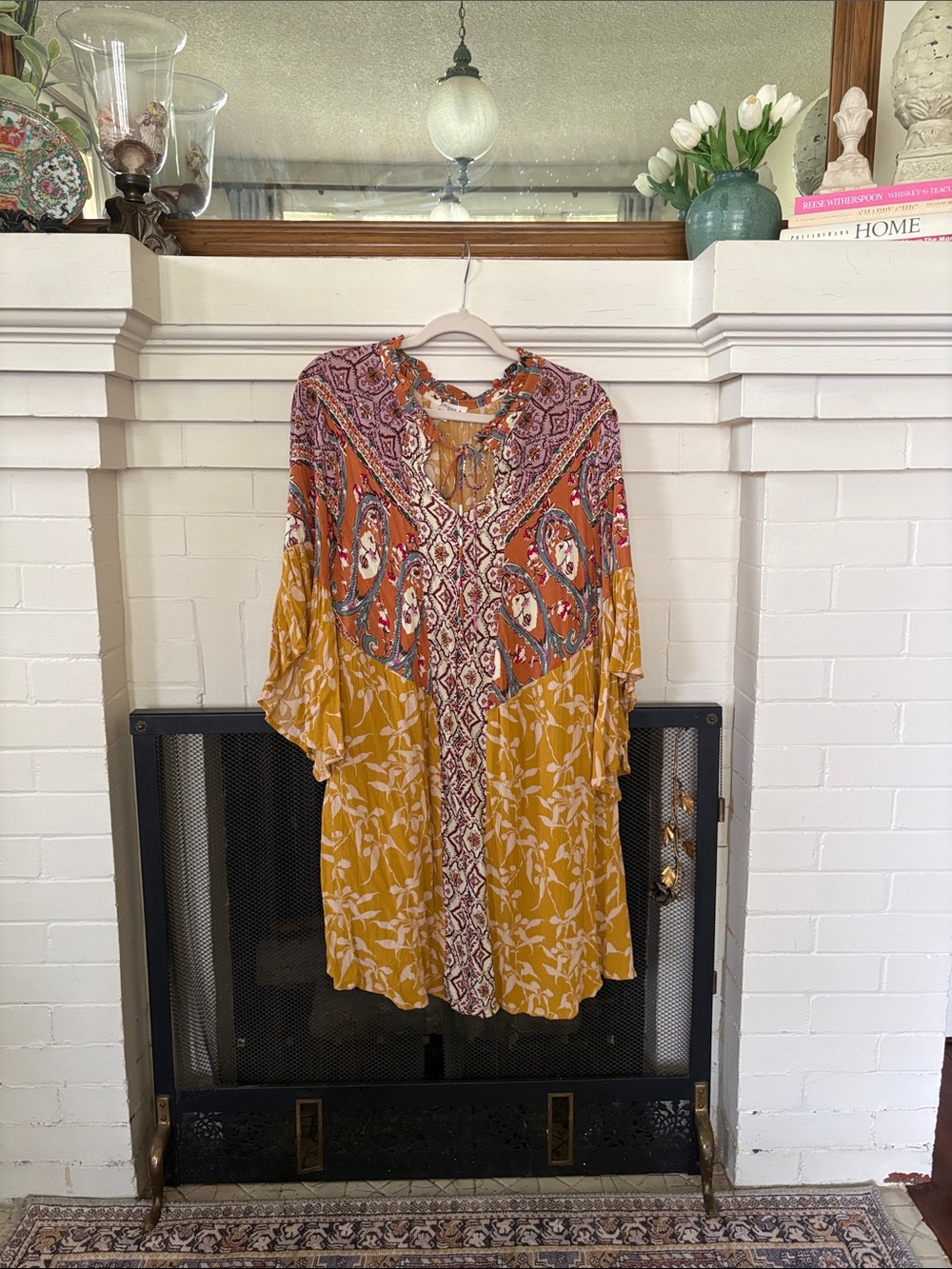 Umgee Mustard Yellow and Rust Mixed Print Boho Mini Dress